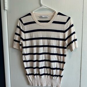 Zara Navy and Cream Striped Knit Top
